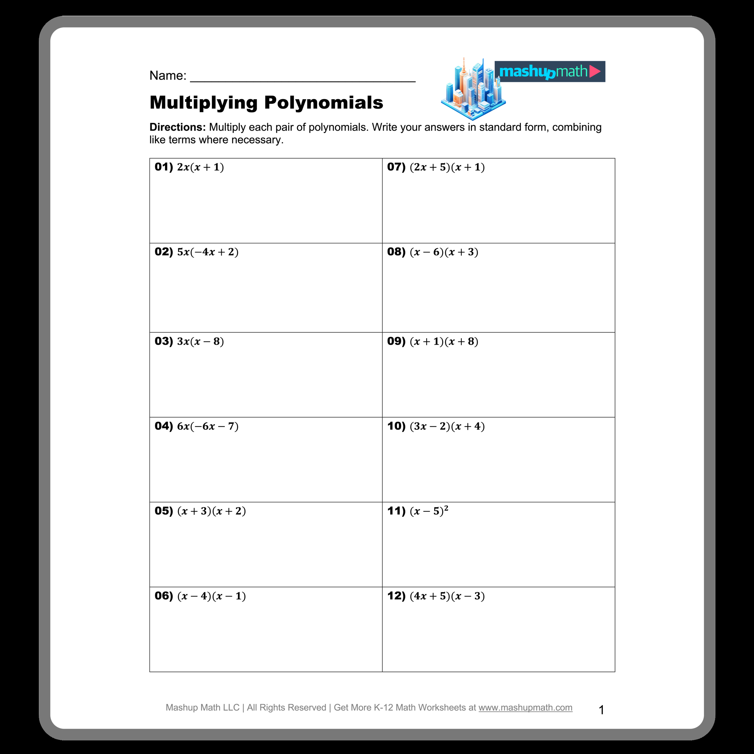 Printable Multiplying Binomials Worksheets Download