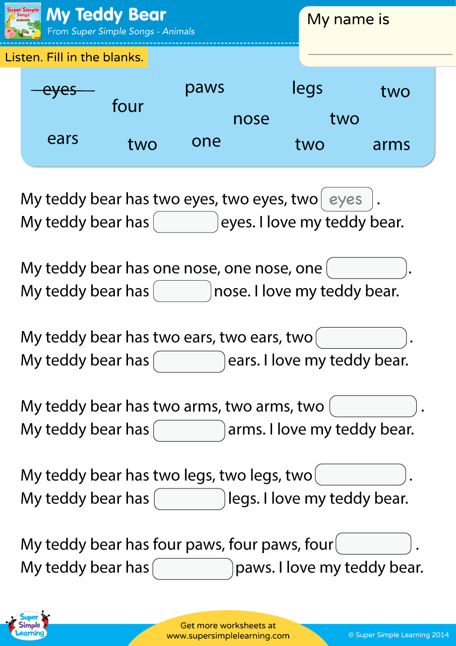My Teddy Bear Worksheet Fill In The Blanks Super Simple