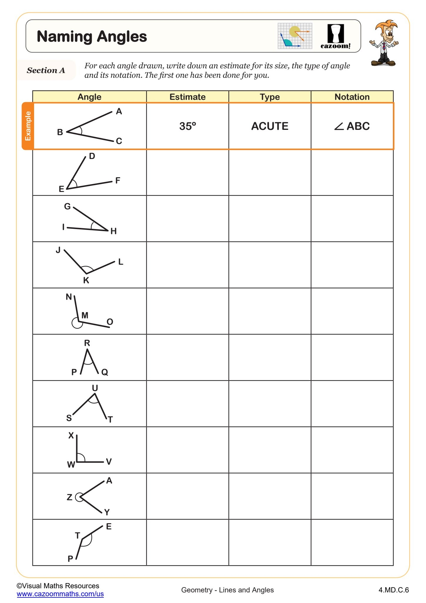 Naming Angles Worksheet PDF Printable Geometry Worksheet Cazoom Math Drawing And Measuring Angles Worksheet PDF Printable Geometry Worksheets