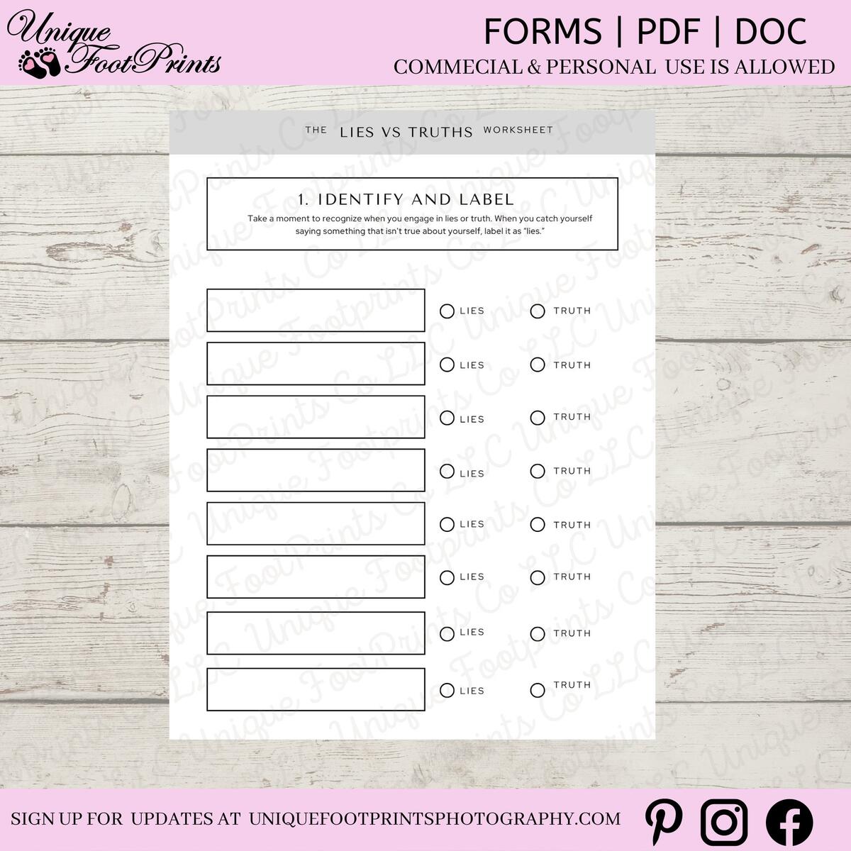 Negative Talk Lies Vs Truth Worksheet Lies Vs Truth Worksheets Negative Thoughts Mental Health Worksheets Social Skills Worksheets Etsy