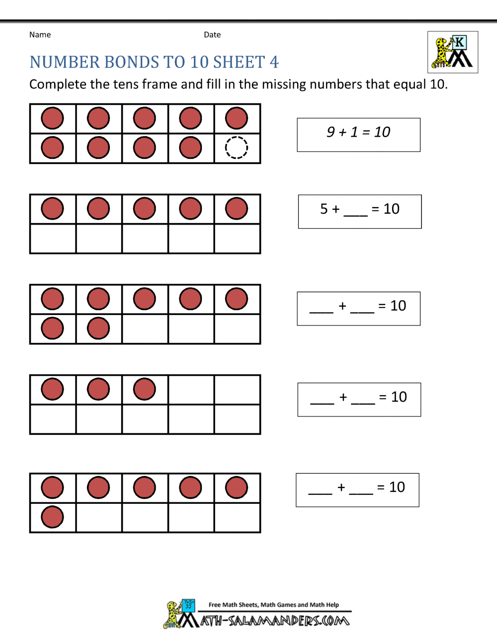 Number Bonds To 10 Worksheets Number Bonds Worksheets To 100