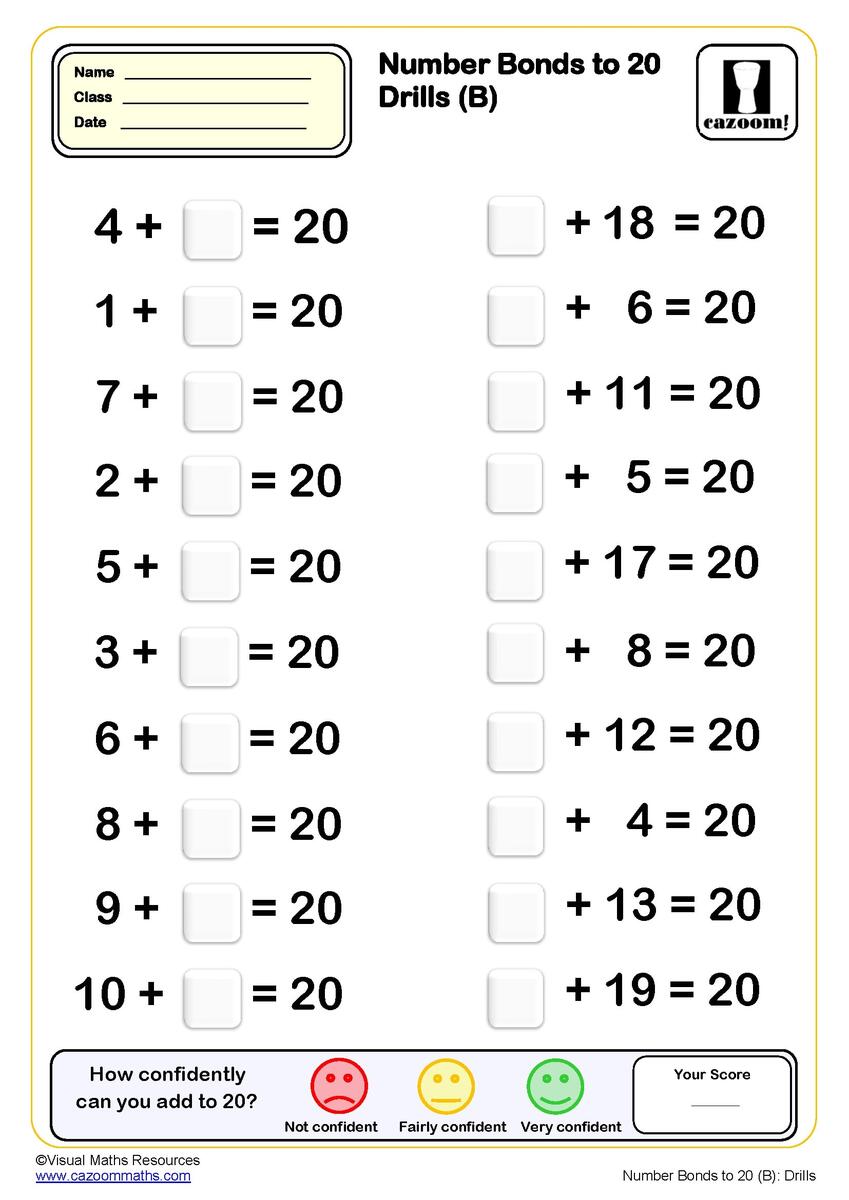 Number Bonds To 20 Drills Worksheet B 20 Questions Key Stage 1 PDF Addition Worksheets