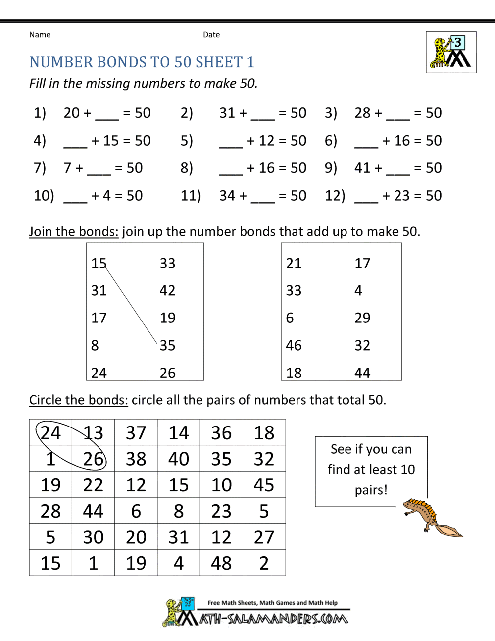 Number Bonds Worksheets To 100 Number Bonds Worksheets To 100