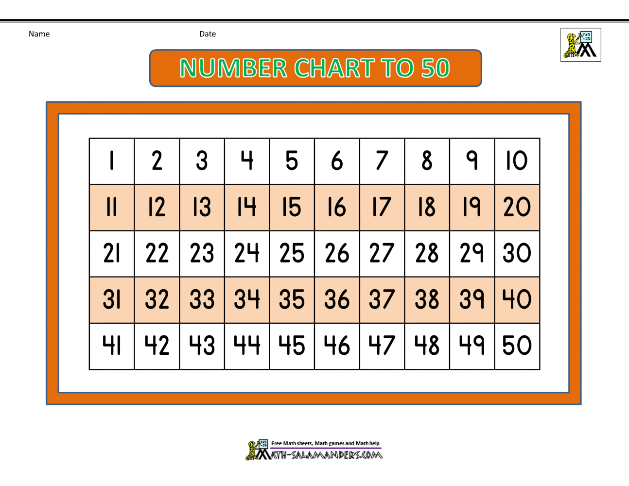 Number Chart To 50 Number Chart To 50