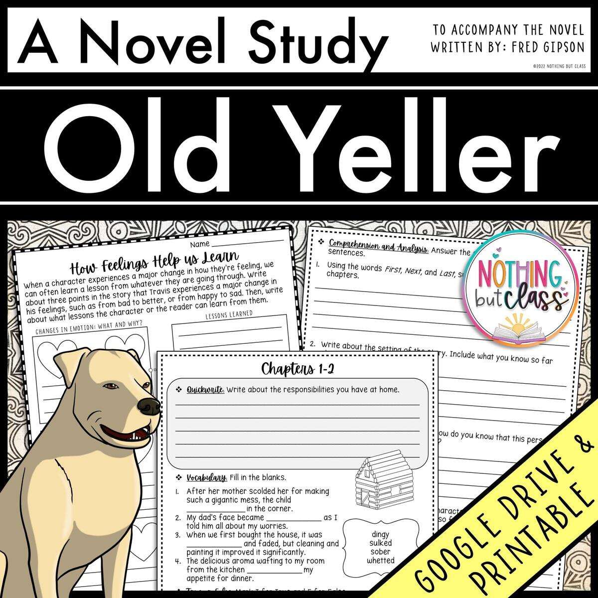 Old Yeller Novel Study Unit Literature Guide Comprehension Worksheets ELA Homeschool Reading Activities Unit Study Printables Etsy