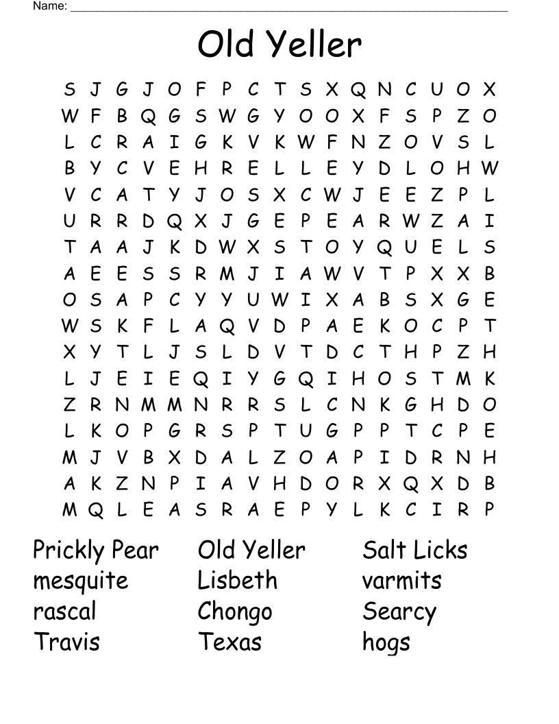 Old Yeller Vocab 1 3 Word Scramble WordMint