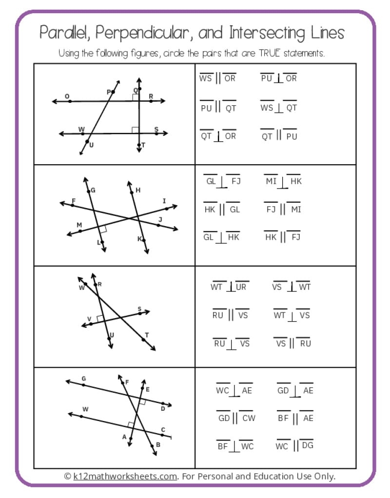 Parallel Perpendicular And Intersecting Lines Worksheets Second Grade Geometry
