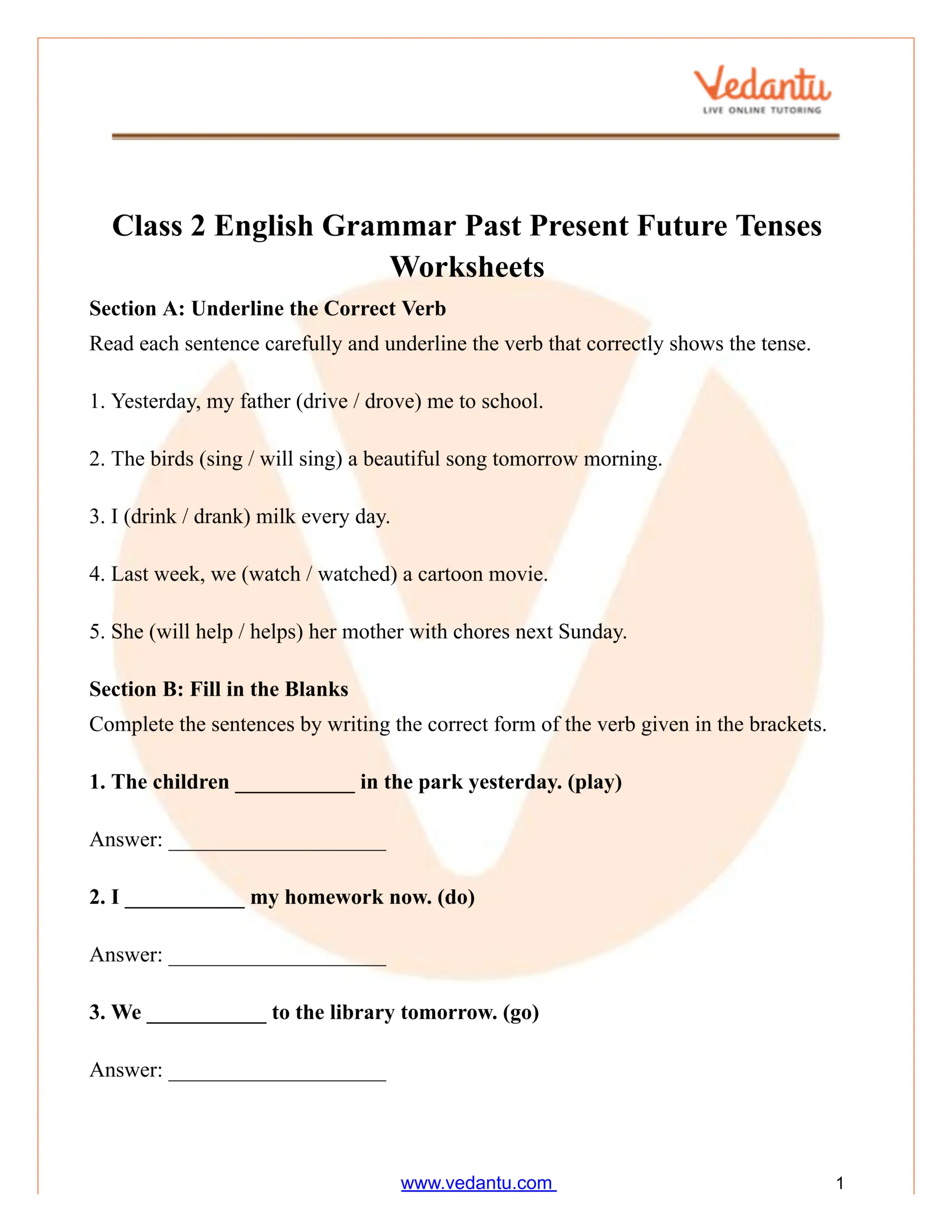 Past Present Future Tenses Worksheet For Class 2 PDF