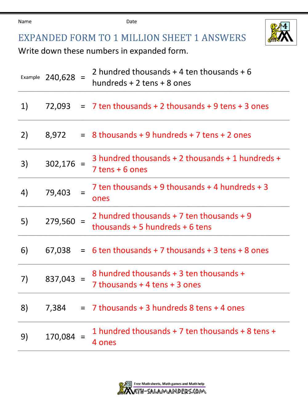 Place Value Worksheet Up To 10 Million
