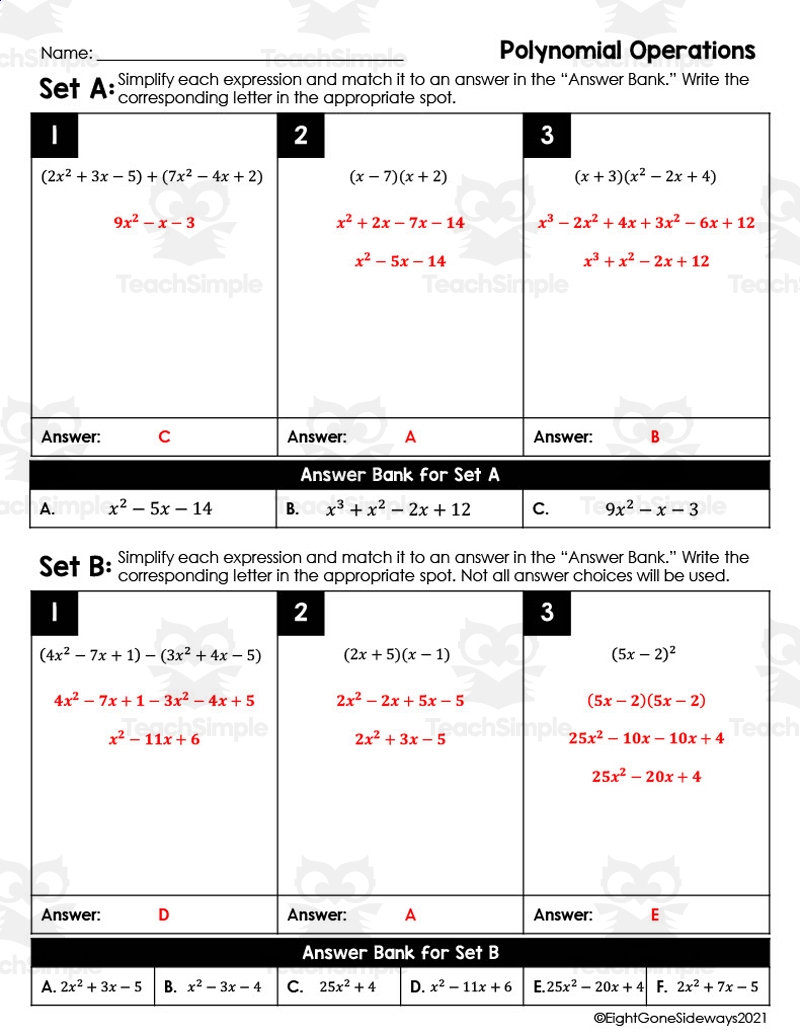 Polynomial Operations Leveled Checking Worksheet By Teach Simple Edia AI Platform For Student Outcomes
