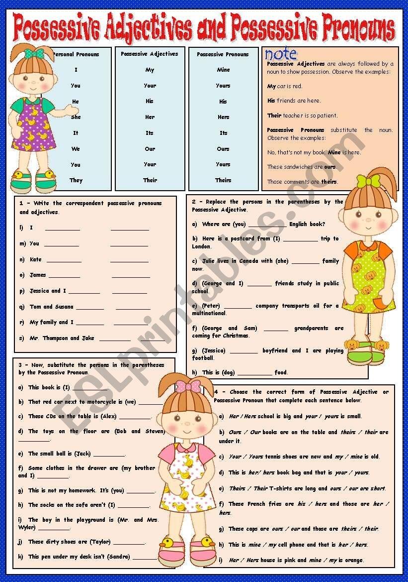 POSSESSIVE ADJECTIVES AND POSSESSIVE PRONOUNS GREYSCALE INCLUDED ESL Worksheet By Junior Right
