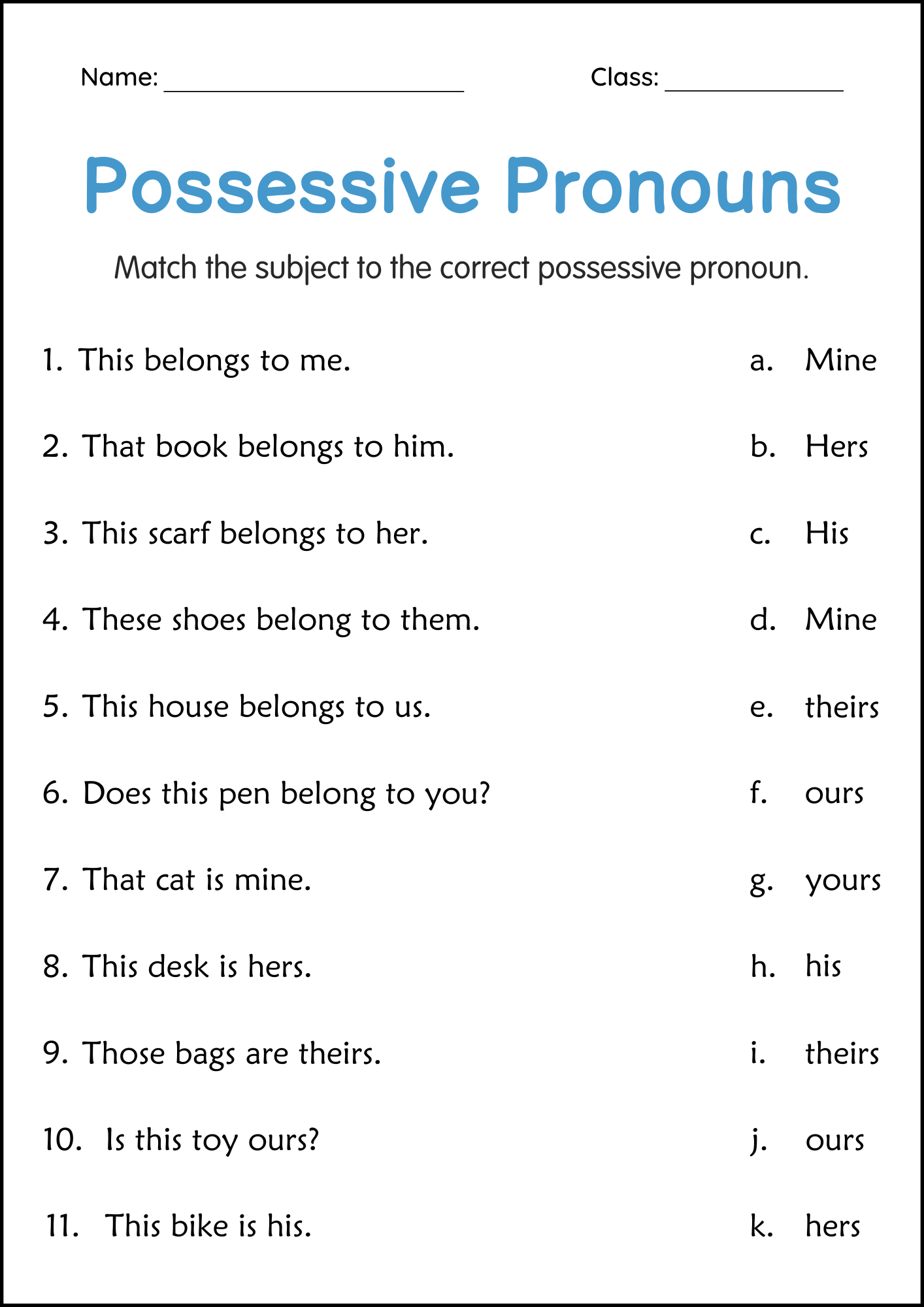 Printable 5th Grade Possessive Pronouns Worksheets