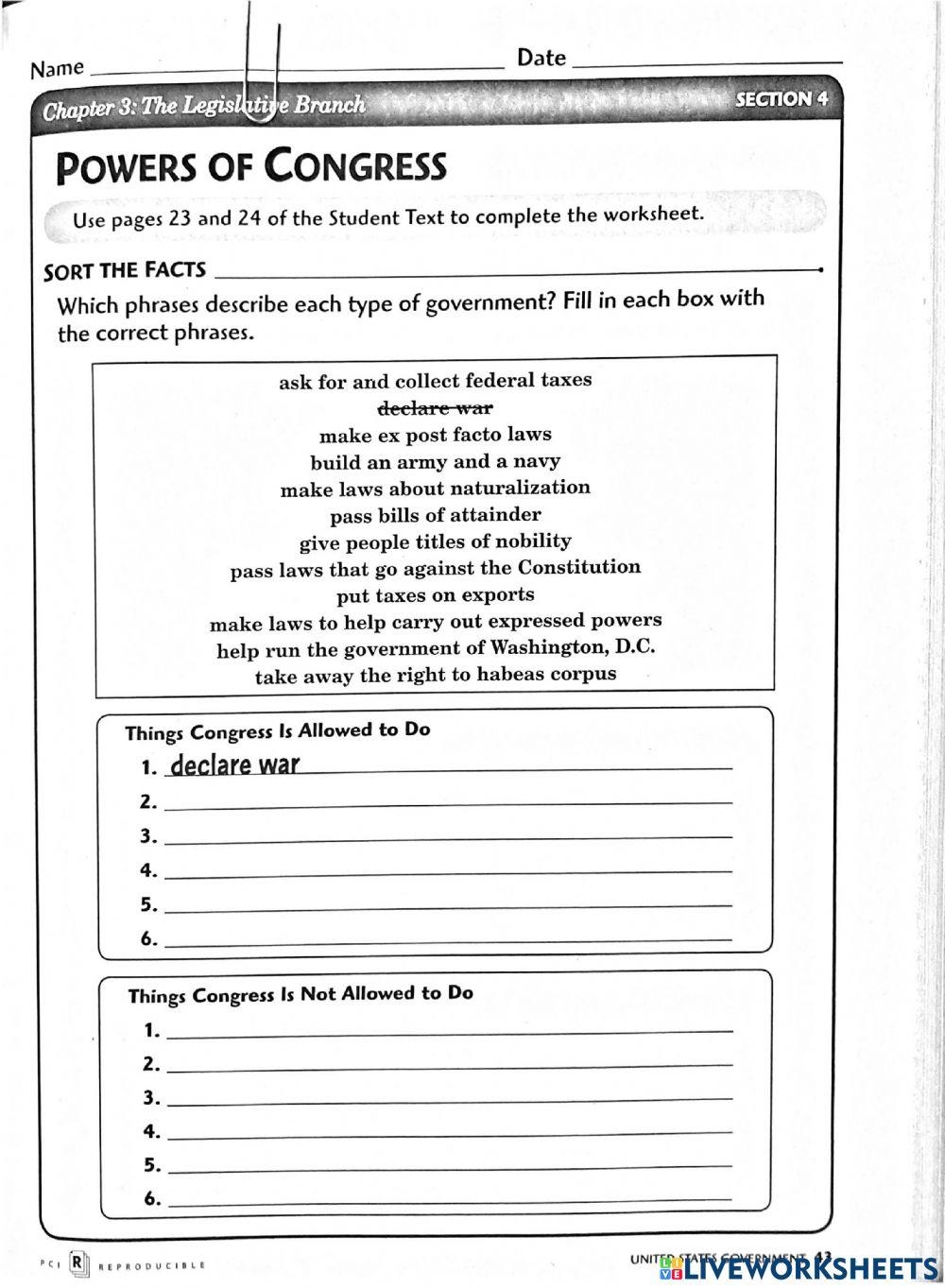 Powers Of Congress Online Exercise For Worksheets Library