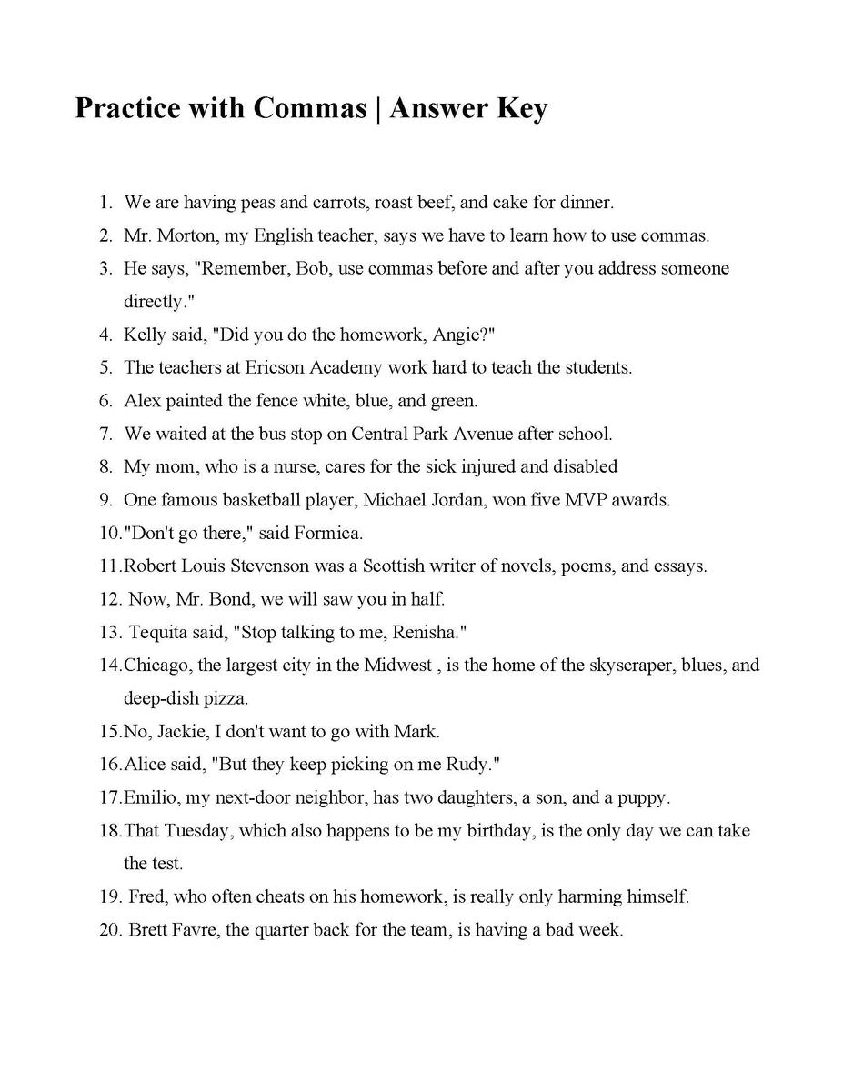 Practice With Commas Answers Practice With Commas Answers