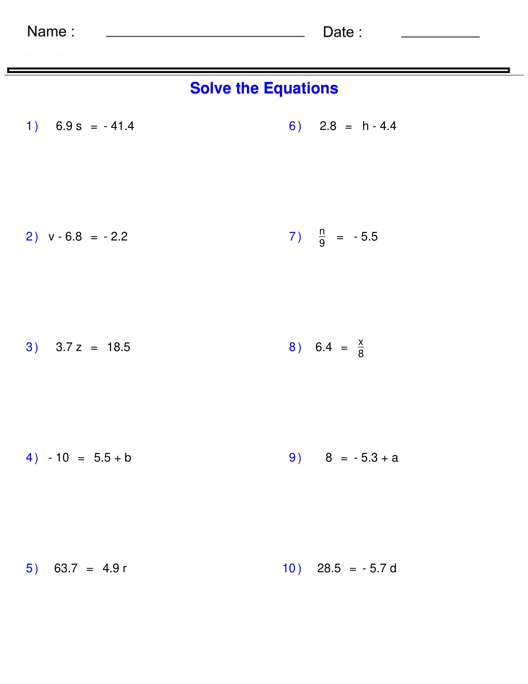 Pre Algebra Equations One Step Equations Containing Decimals Worksheets Made By Teachers