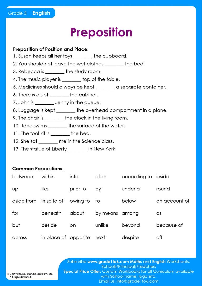 Preposition Worksheet For Class 5 Grade1to6 Worksheets Library Preposition Worksheet For Class 5 Grade1to6 Worksheets Library