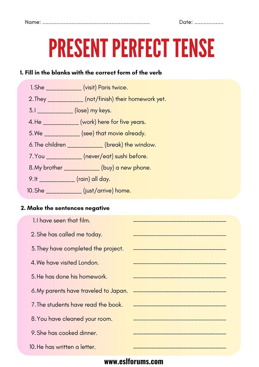 Present Perfect Tense Worksheets And Exercises ESL Forums