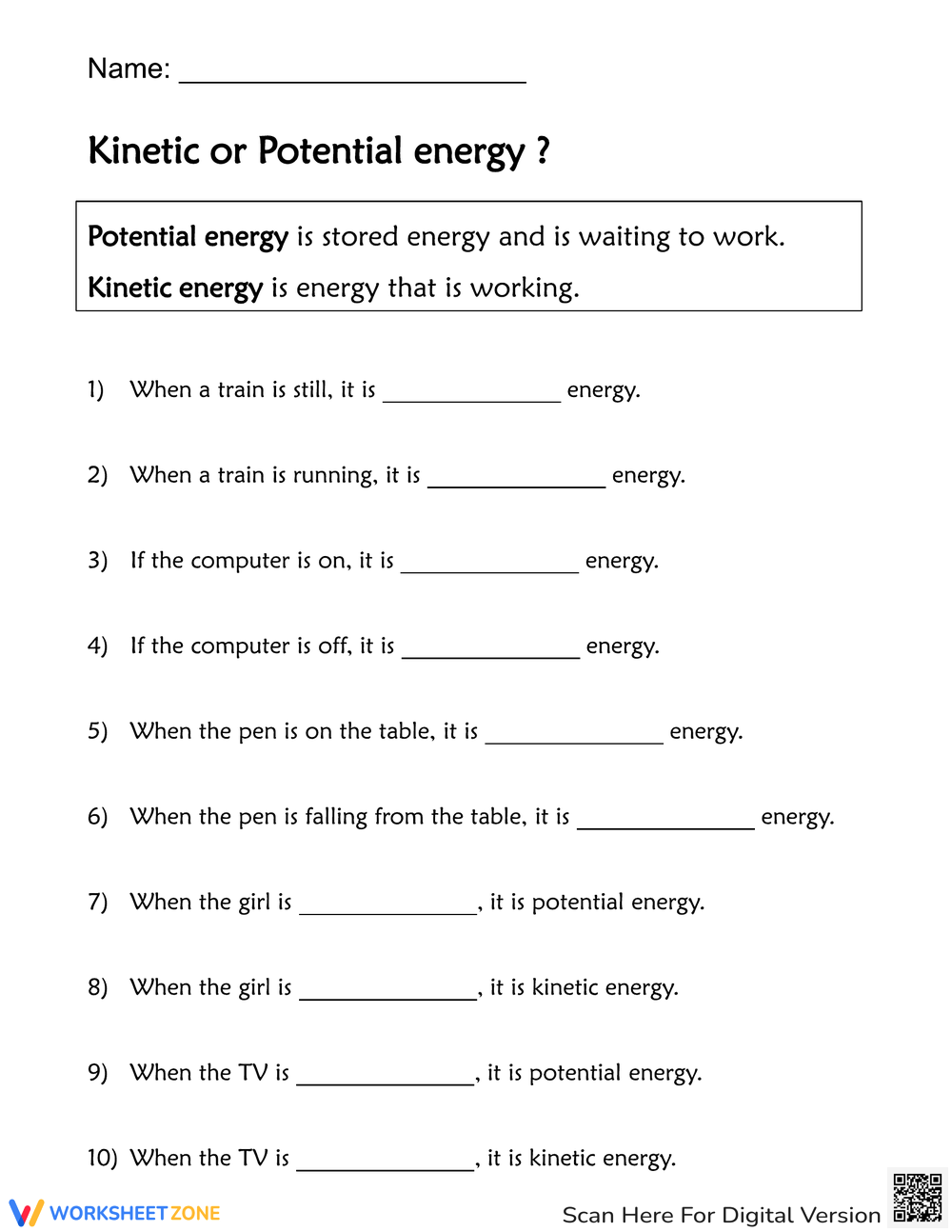Printable 5th Grade Kinetic And Potential Energy Worksheets Download