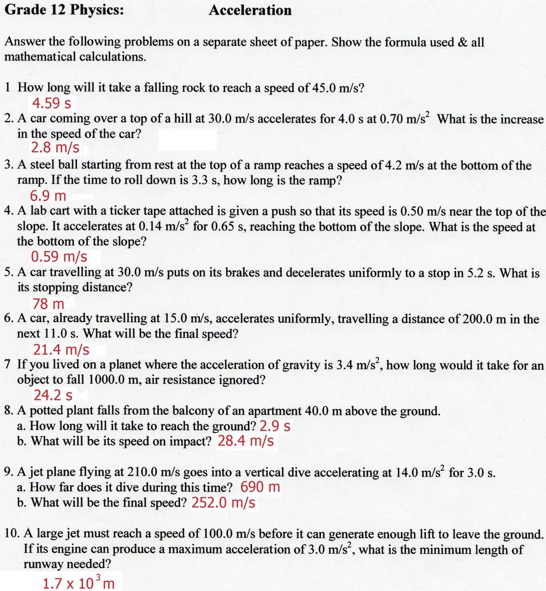 Printable 9th Grade Acceleration Worksheets
