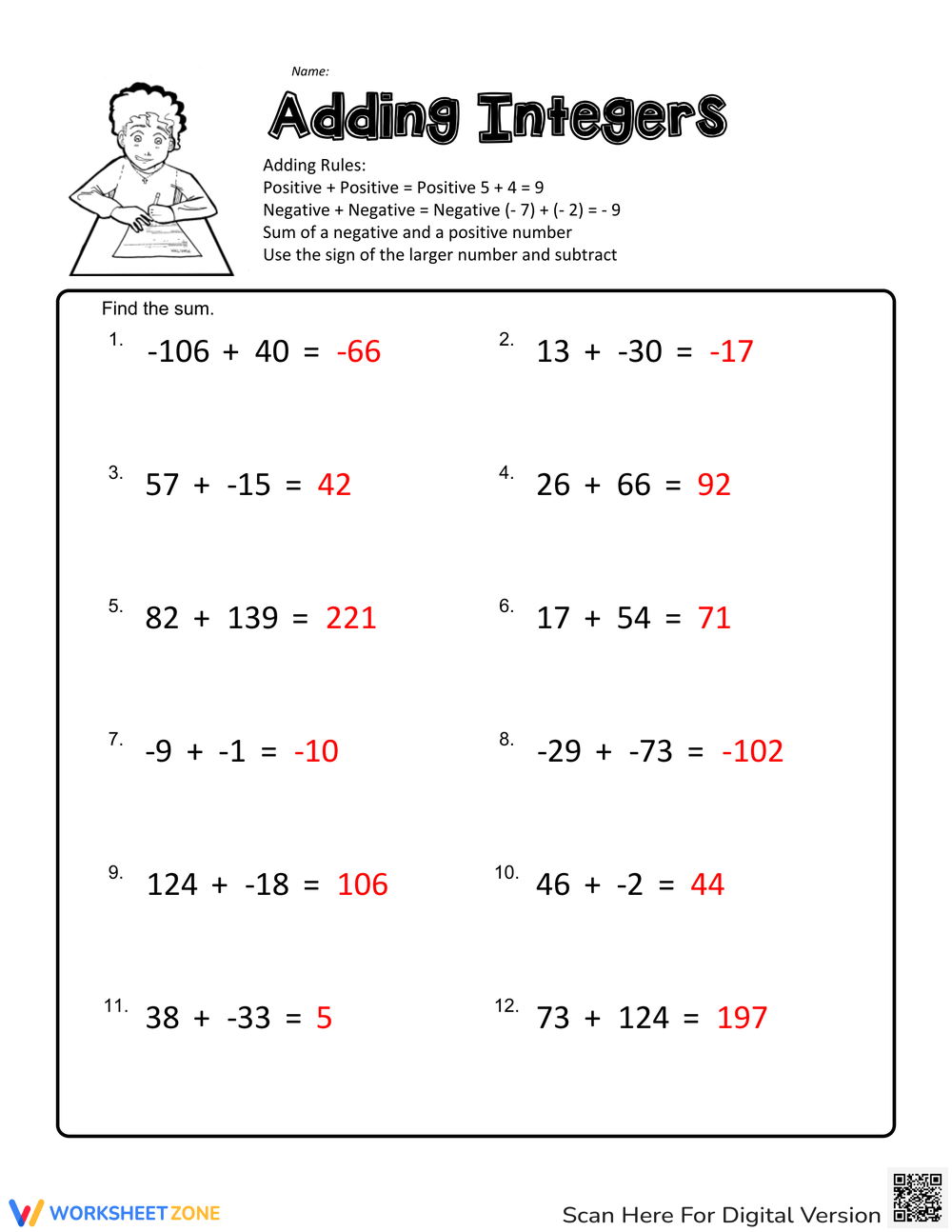 Printable Adding Integers Worksheets Adding And Subtracting Integers Practice Worksheet 7th Grade PDF Worksheets Cazoom Math