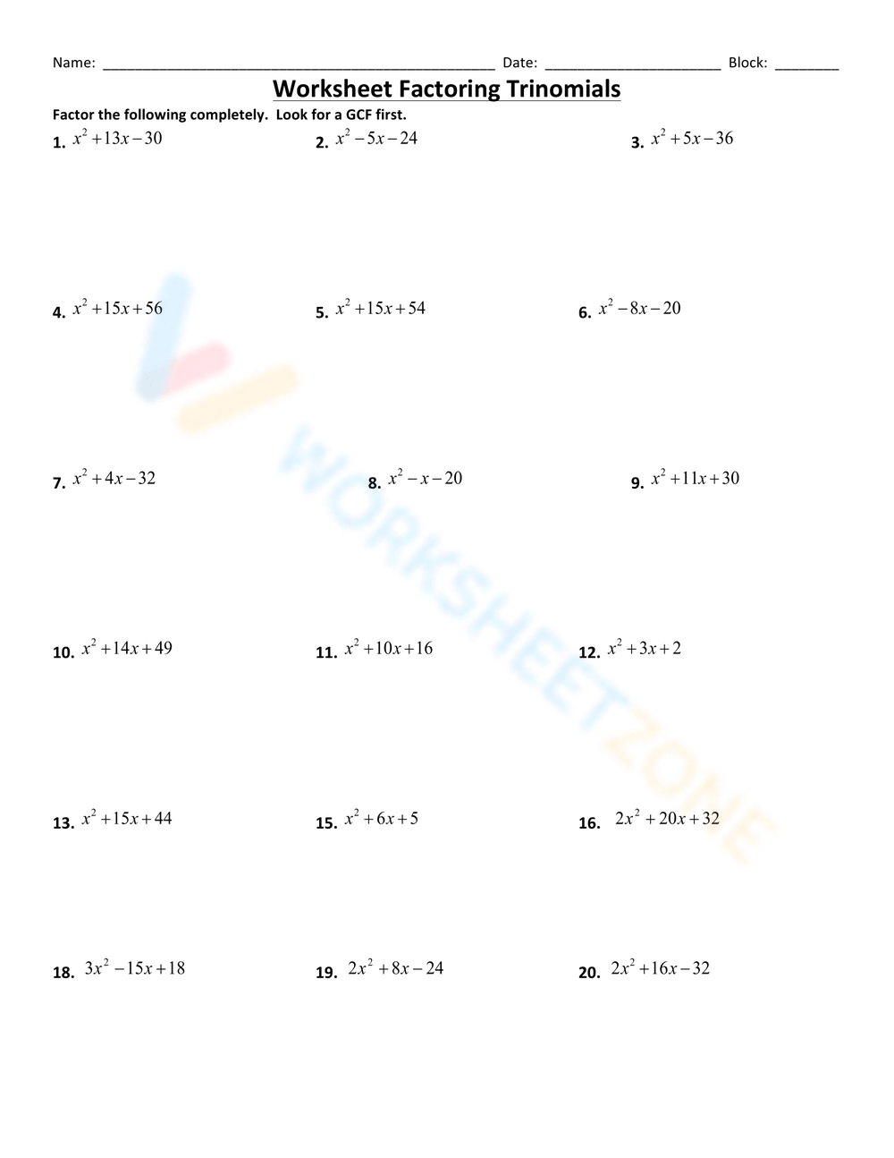 Printable Factoring Trinomials Worksheets Printable Factoring Trinomials Worksheets