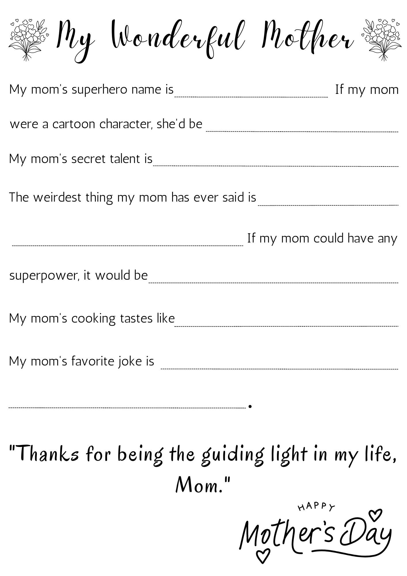 Printable Mothers Day Mother S Day Fill In The Blank Fun Activity Worksheet Made By Teachers