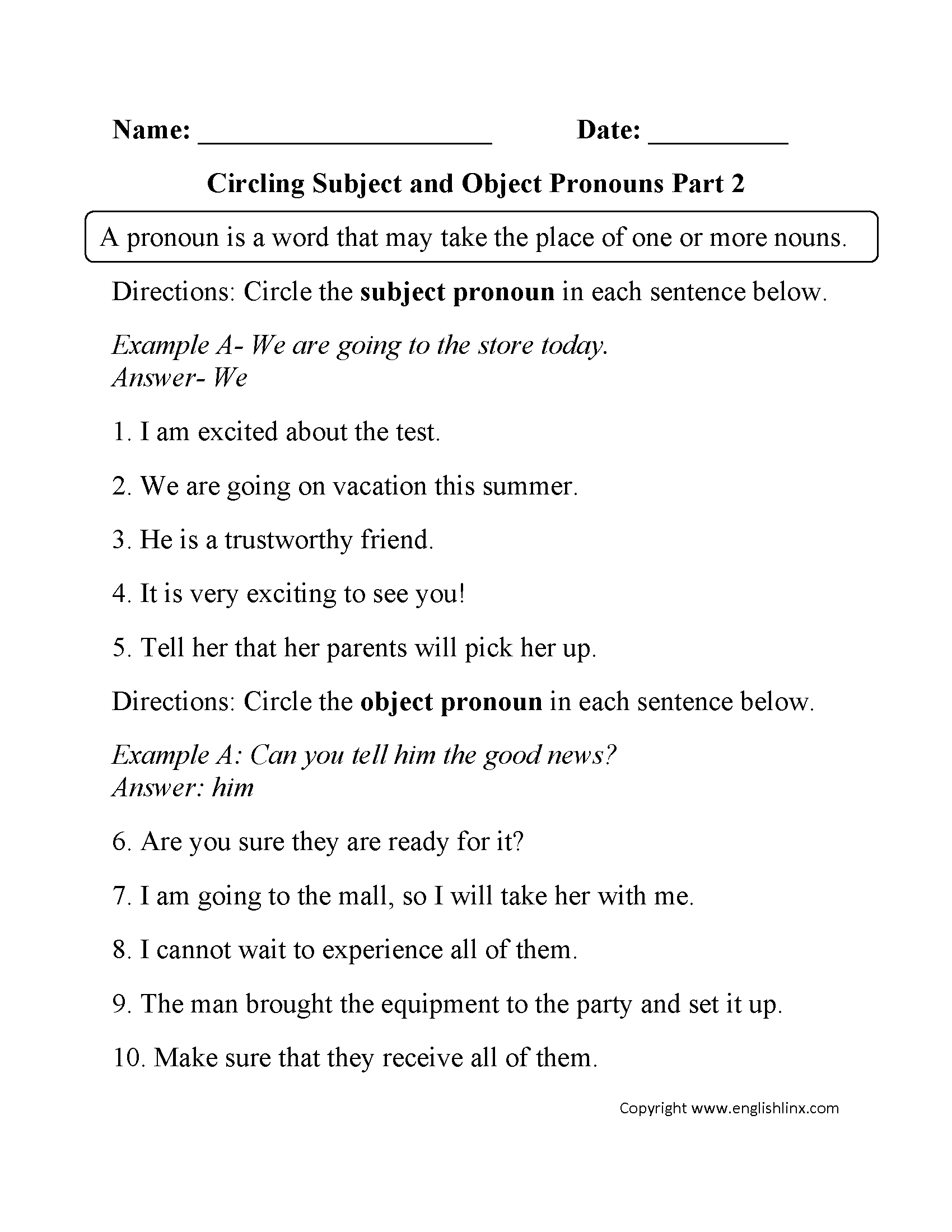 Grammar Subject And Object Pronouns Activity Worksheets For Grade 1 2 3 Made By Teachers