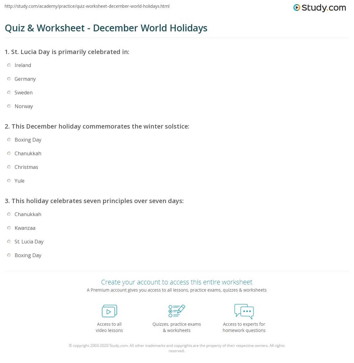 Quiz Worksheet December World Holidays Study