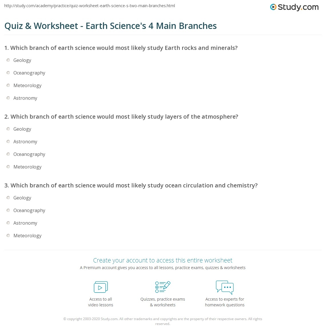 Quiz Worksheet Earth Science S 4 Main Branches Study Quiz Worksheet Earth Science S 4 Main Branches Study