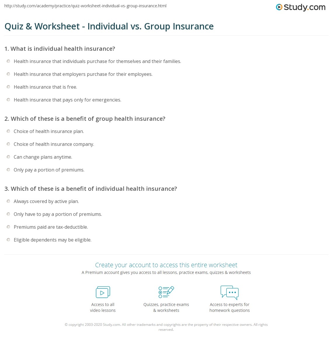 Quiz Worksheet Individual Vs Group Insurance Study