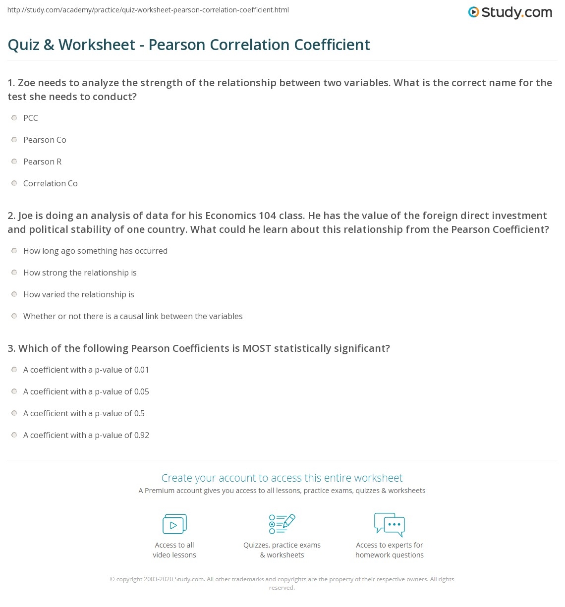 Quiz Worksheet Pearson Correlation Coefficient Study