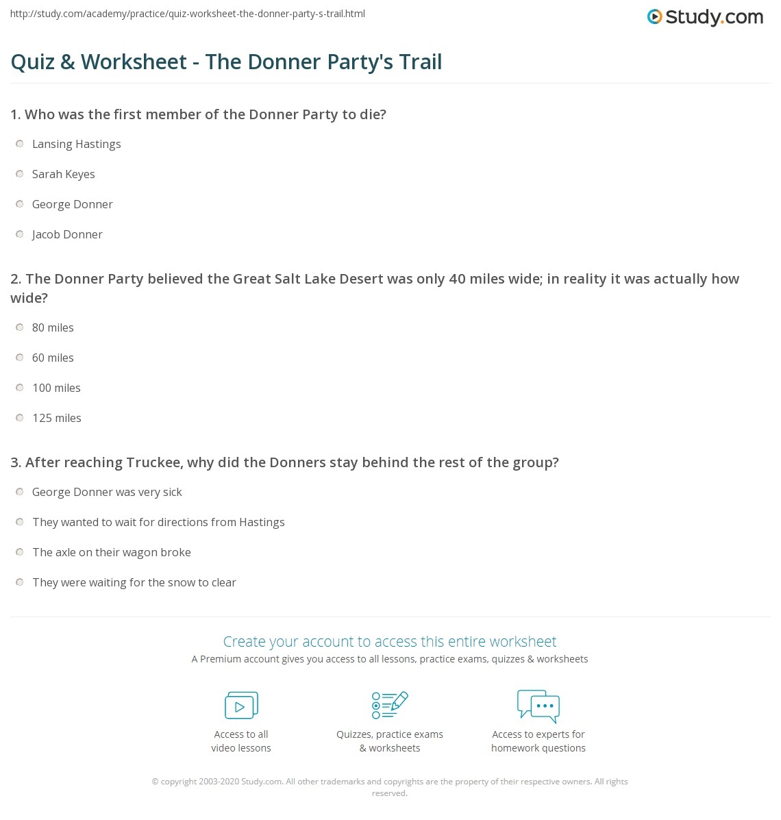 Quiz Worksheet The Donner Party s Trail Study