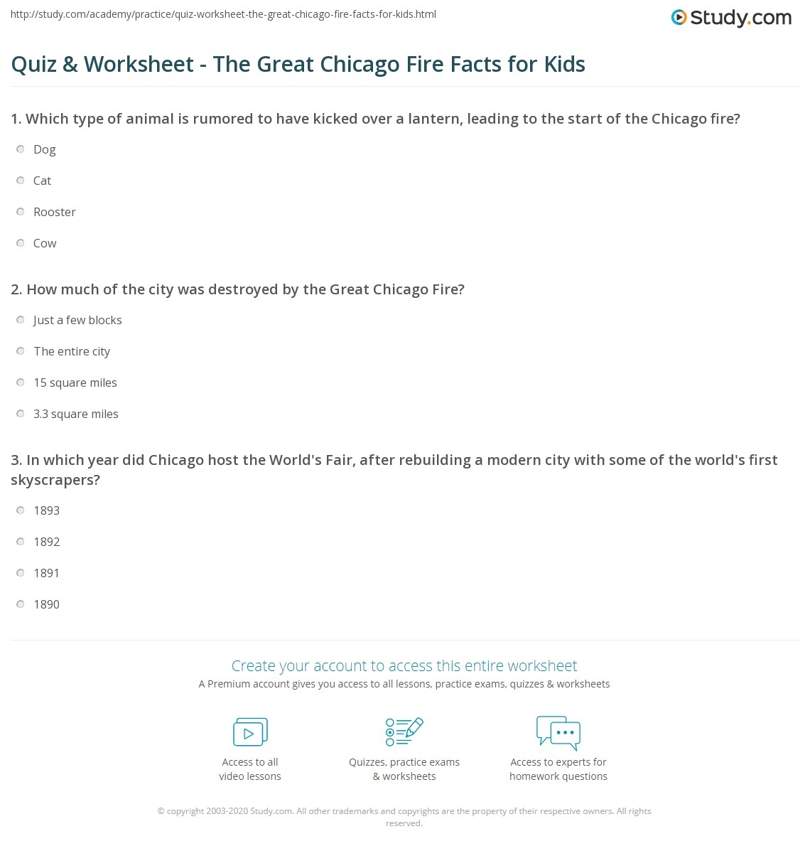 Quiz Worksheet The Great Chicago Fire Facts For Kids Study I Survived The Great Chicago Fire 1871 Novel Study Special Education US History Special Needs For Special Kids
