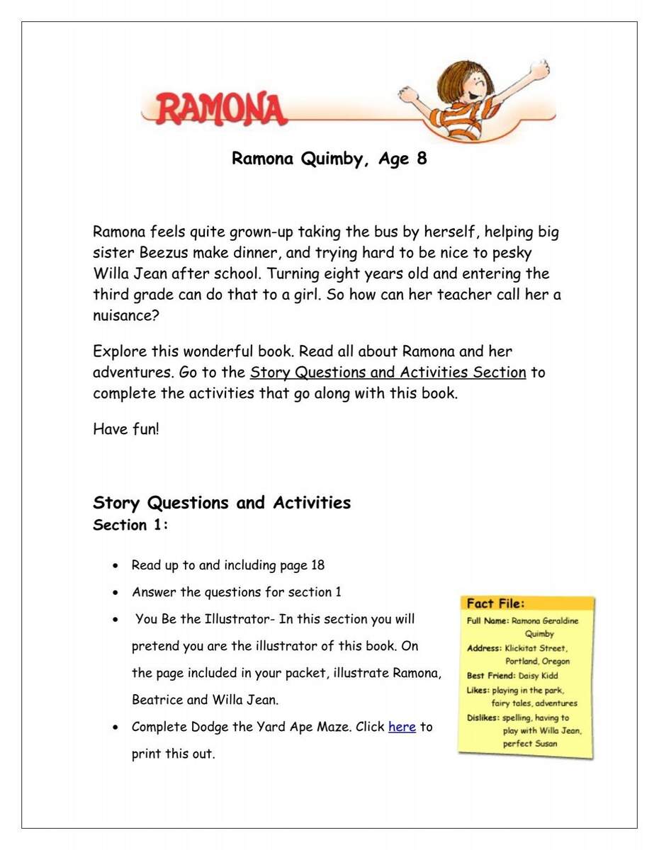 Ramona Quimby Age 8 Comprehension Questions Worksheets Library
