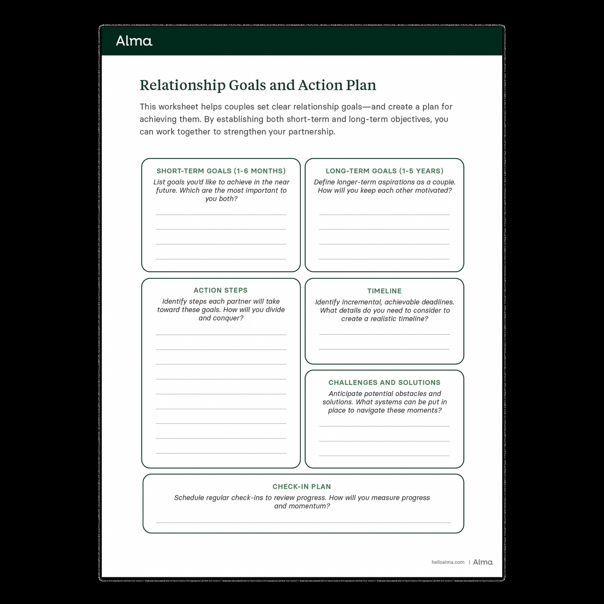 Relationship Goals And Action Plan Worksheet For Couples Alma Couples Therapy Worksheets TheraPlatform Resources