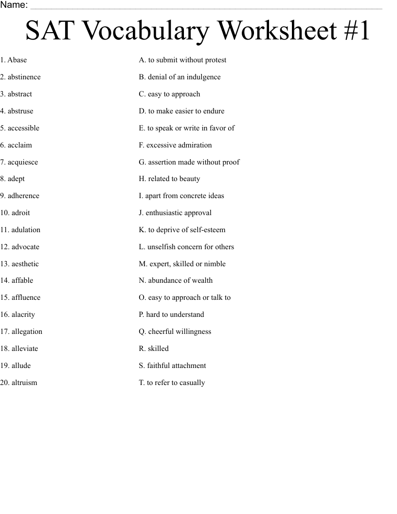 SAT Vocabulary Worksheet 1 WordMint SAT Vocabulary Worksheet 1 WordMint
