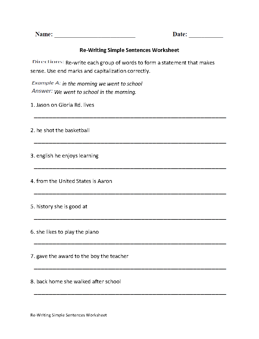 Sentences Worksheets Simple Sentences Worksheets