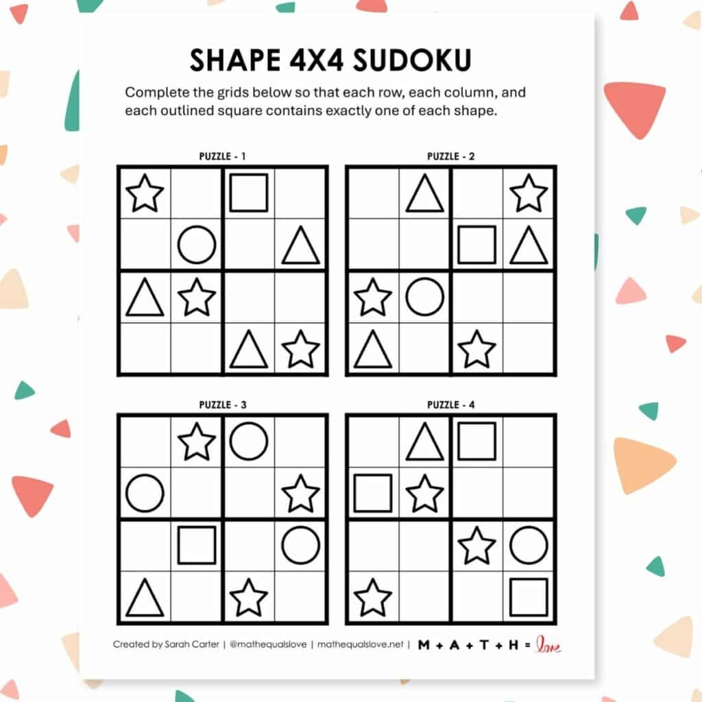 Shape Sudoku Puzzles 4x4 Free Printable PDF