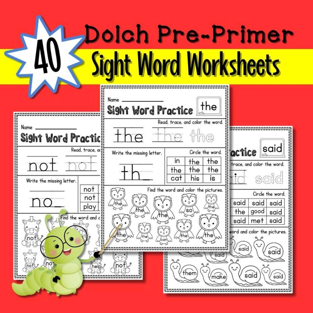Sight Word Worksheet Pre Primer Kindergarten First Grade Handwriting Printable Homeschool Pre K Coloring Writing Practice High Frequency Etsy