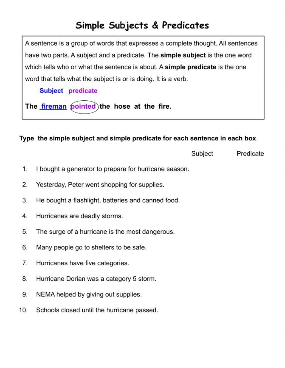 Simple Subjects Simple Predicate Worksheet Worksheets Library
