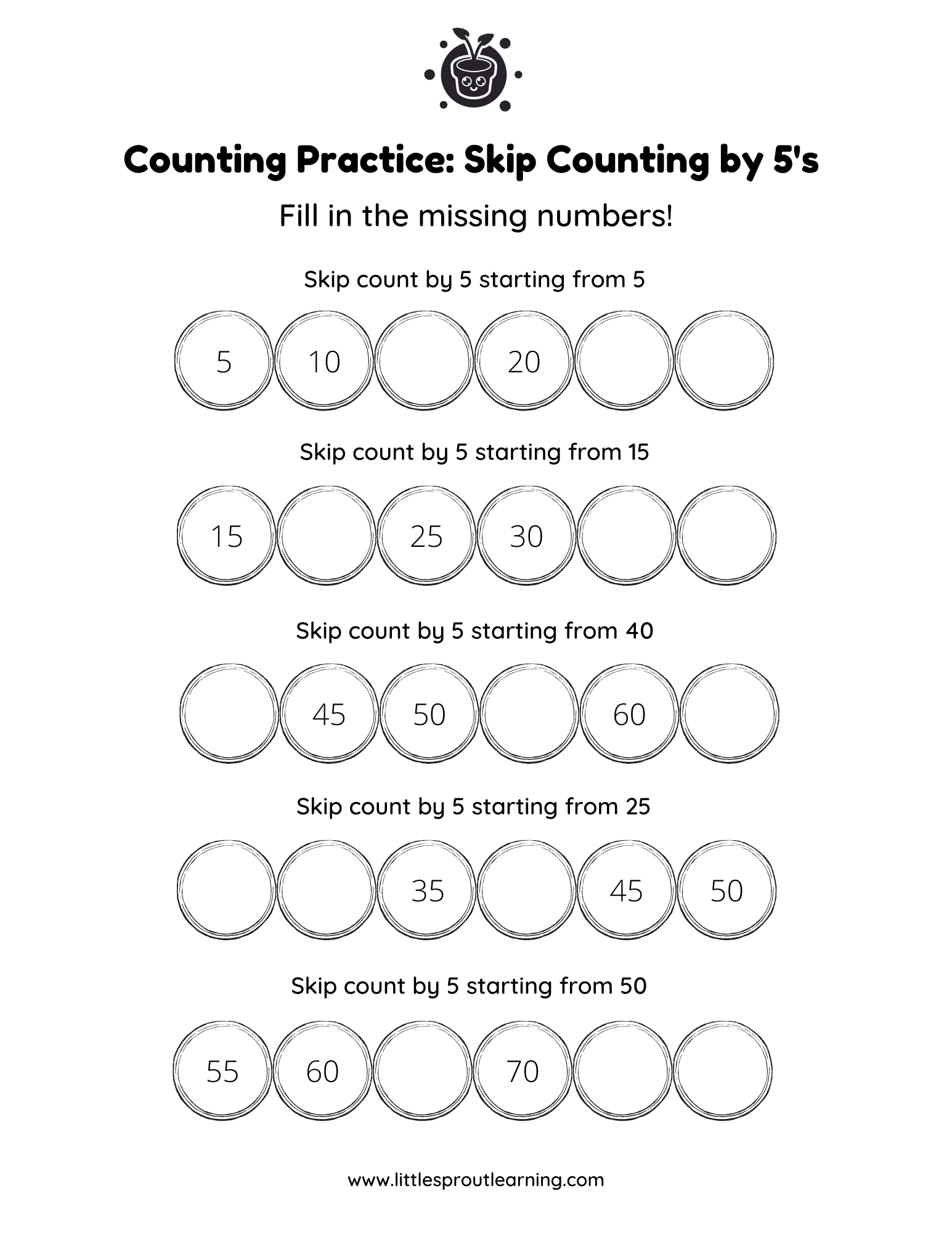 Skip Counting 5 Worksheet Fill In The Missing Numbers