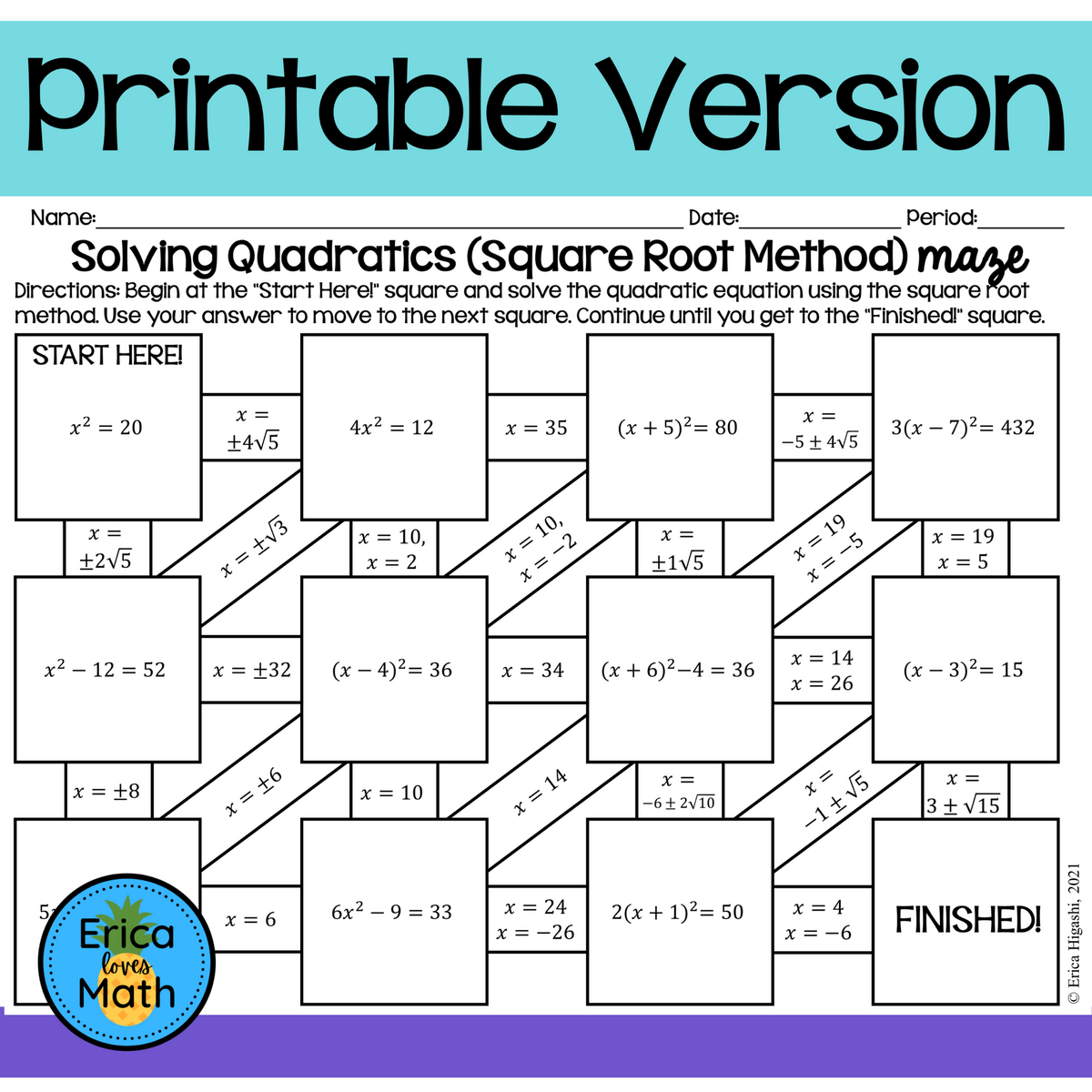 Solving Quadratic Equations By Square Root Method Printable Digital Maze Classful Solving Quadratic Equations C By Quadratic Formula Worksheet PDF Printable Algebra Worksheet Cazoom Math