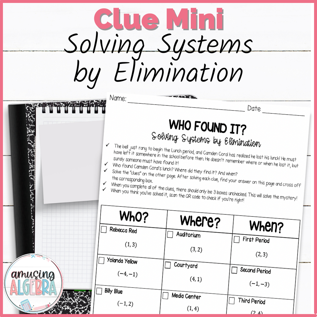 Solving Systems Of Equations By Elimination Clue Mini Mystery Activity Made By Teachers