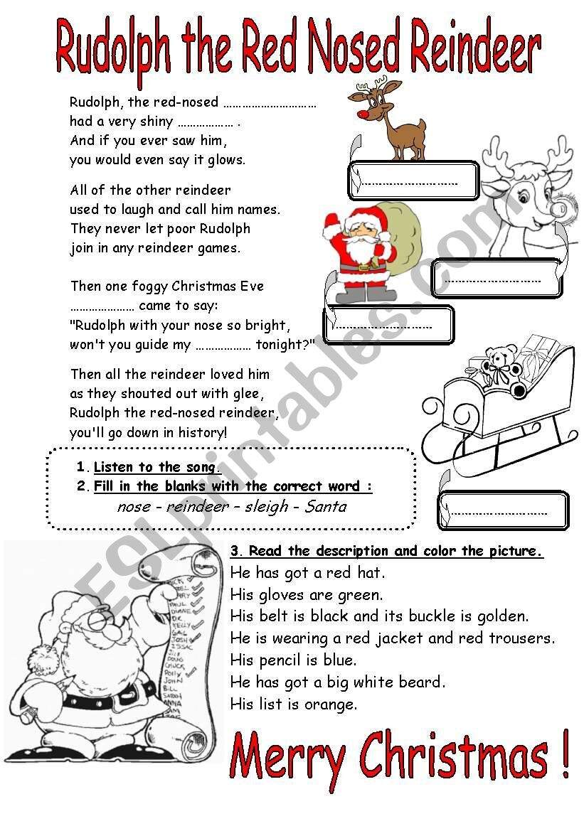 Song Rudolph The Red Nosed Reindeer And Santa Claus Description ESL Worksheet By Doubinou Song Rudolph The Red Nosed Reindeer And Santa Claus Description ESL Worksheet By Doubinou
