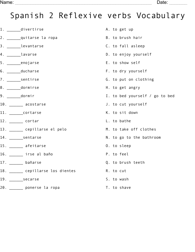 Spanish 2 Reflexive Verbs Vocabulary Worksheet WordMint