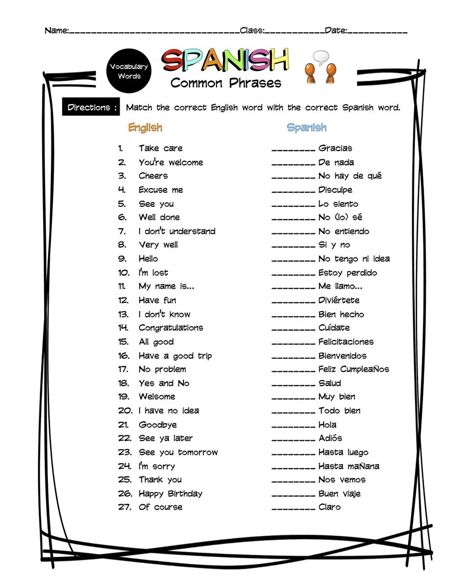 Spanish Common Phrases Vocabulary Matching Worksheet Answer Key Made By Teachers Spanish Common Phrases Information Sheet Worksheet And Answer Key Made By Teachers