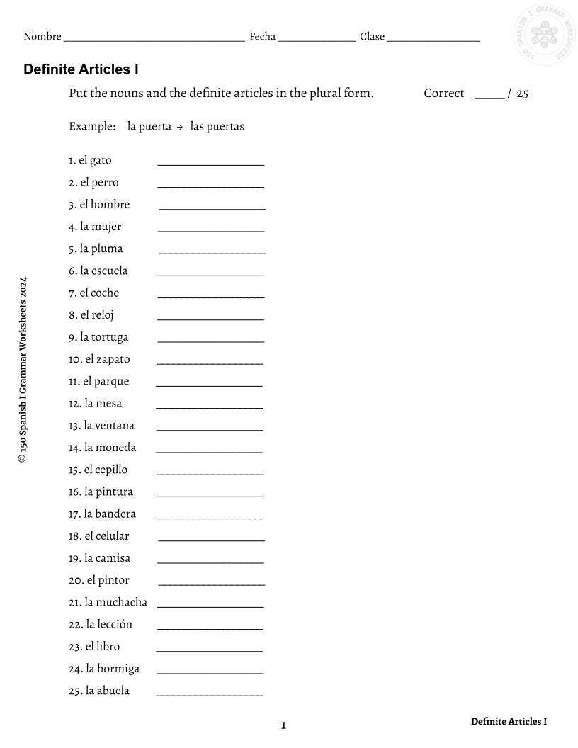 Spanish Definite And Indefinite Articles Practice Worksheet Bundle 4 Pages Etsy