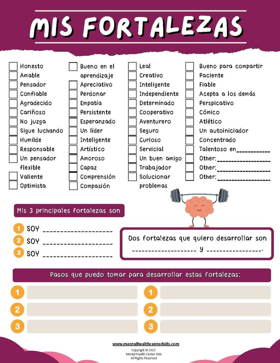Spanish Self Esteem Worksheet Mis Fortalezas My Strengths Worksheet
