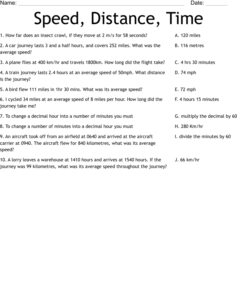 Speed Distance Time Worksheet WordMint