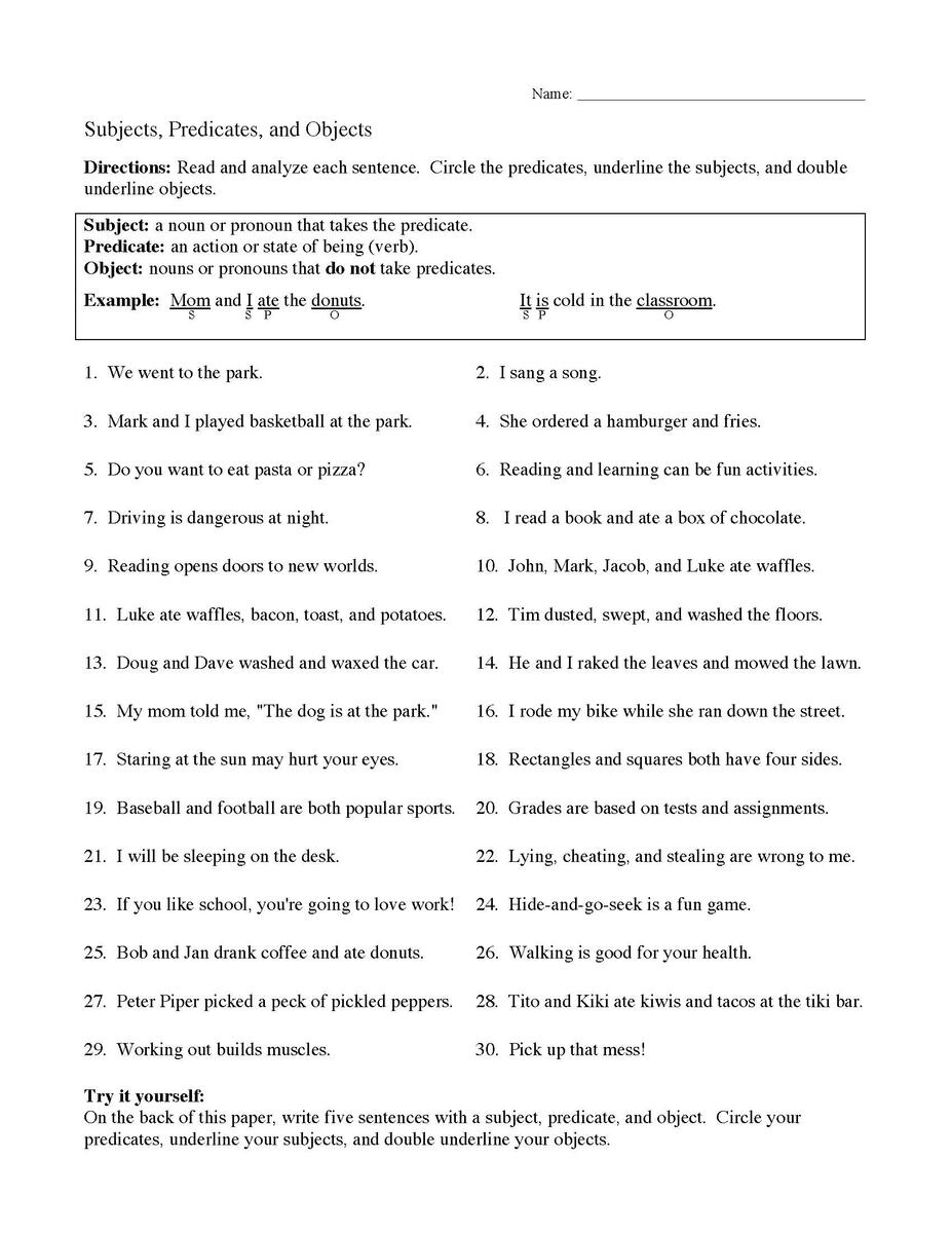 Subjects Predicates And Objects Worksheet Sentence Structure Activity Subjects Predicates And Objects Worksheet Sentence Structure Activity